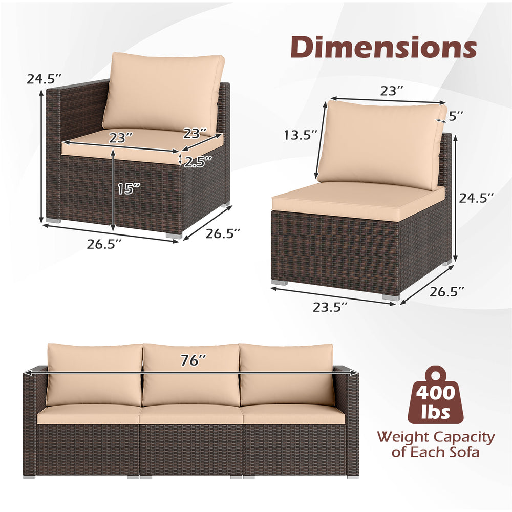 Dimensions of the 3 Pieces Patio Sectional Sofa Set with beige cushions, showcasing sturdy PE rattan and metal frame.