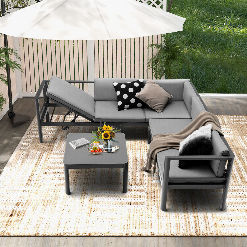 3-piece aluminum patio furniture set with gray cushions, featuring a 6-level adjustable backrest for versatile seating.