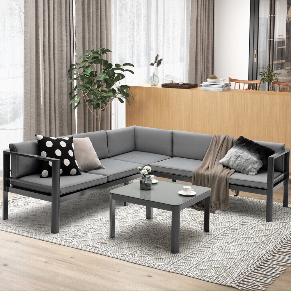 Gray 3-piece aluminum patio furniture set with adjustable backrest, featuring a comfortable sofa and glass tabletop.