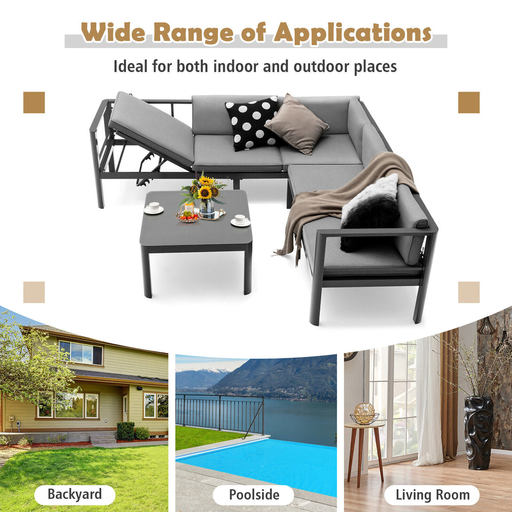 3-piece aluminum patio furniture set in gray with adjustable backrest, ideal for indoor and outdoor use.