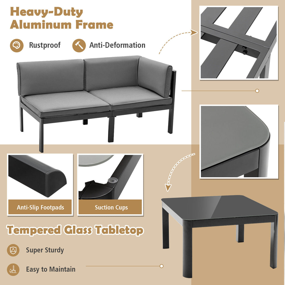 3-piece aluminum patio furniture set featuring a gray cushioned sofa with a tempered glass tabletop for outdoor.