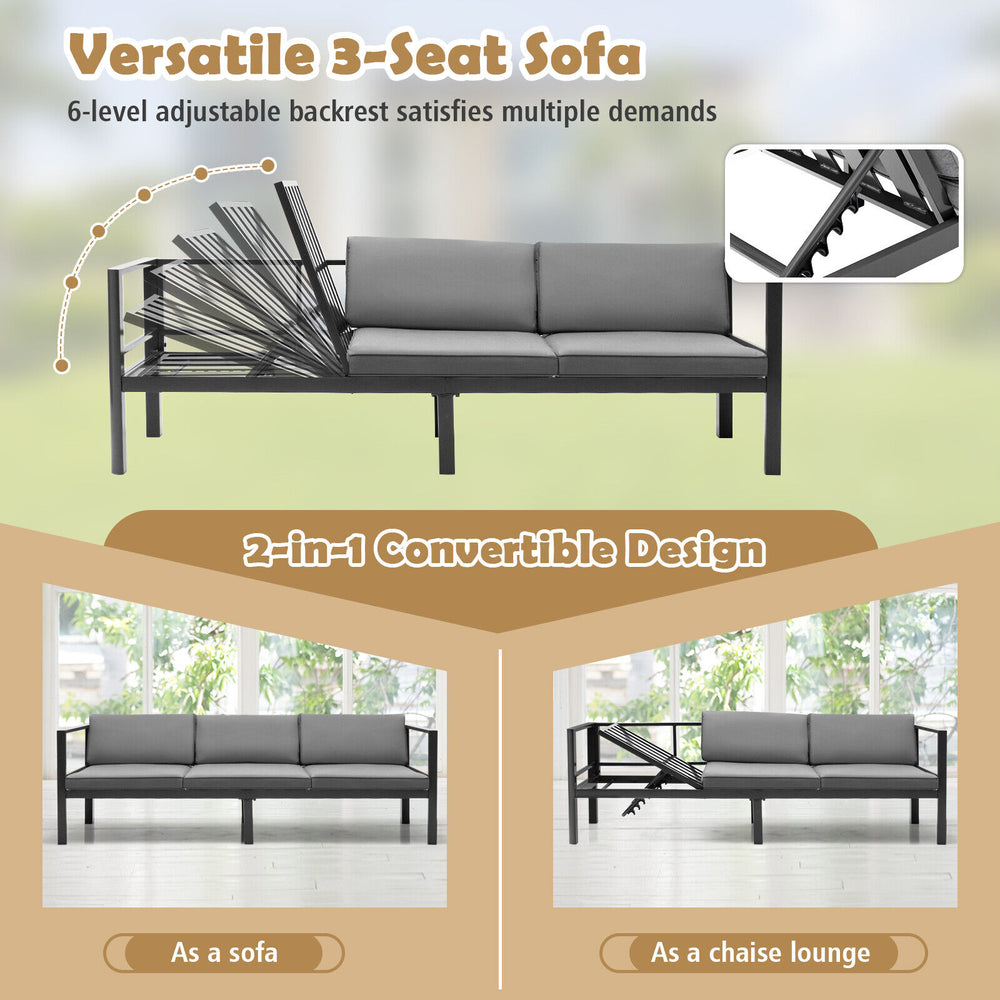 3-seat aluminum patio sofa with 6-level adjustable backrest, gray cushions, perfect for indoor and outdoor use.