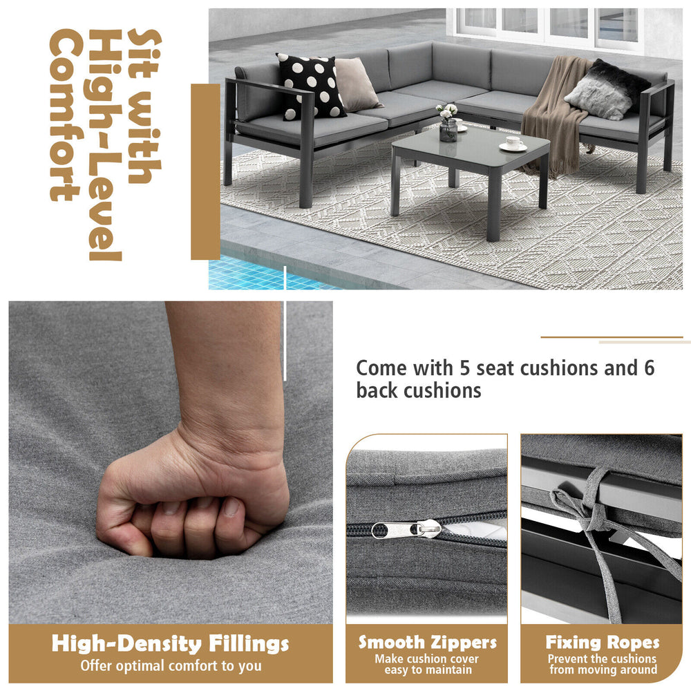 3-piece gray aluminum patio furniture set featuring a 3-seat sofa with adjustable backrest and comfortable cushions.
