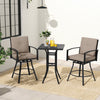 Patio swivel bar set featuring two cushioned chairs and a square table with an umbrella hole for outdoor dining.