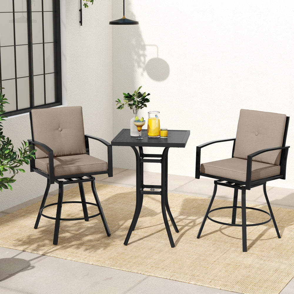 Patio swivel bar set featuring two cushioned chairs and a square table with an umbrella hole for outdoor dining.