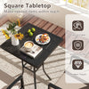 Square tabletop of the 3 pieces patio swivel bar set with easy-to-clean surface, perfect for outdoor dining and relaxation.