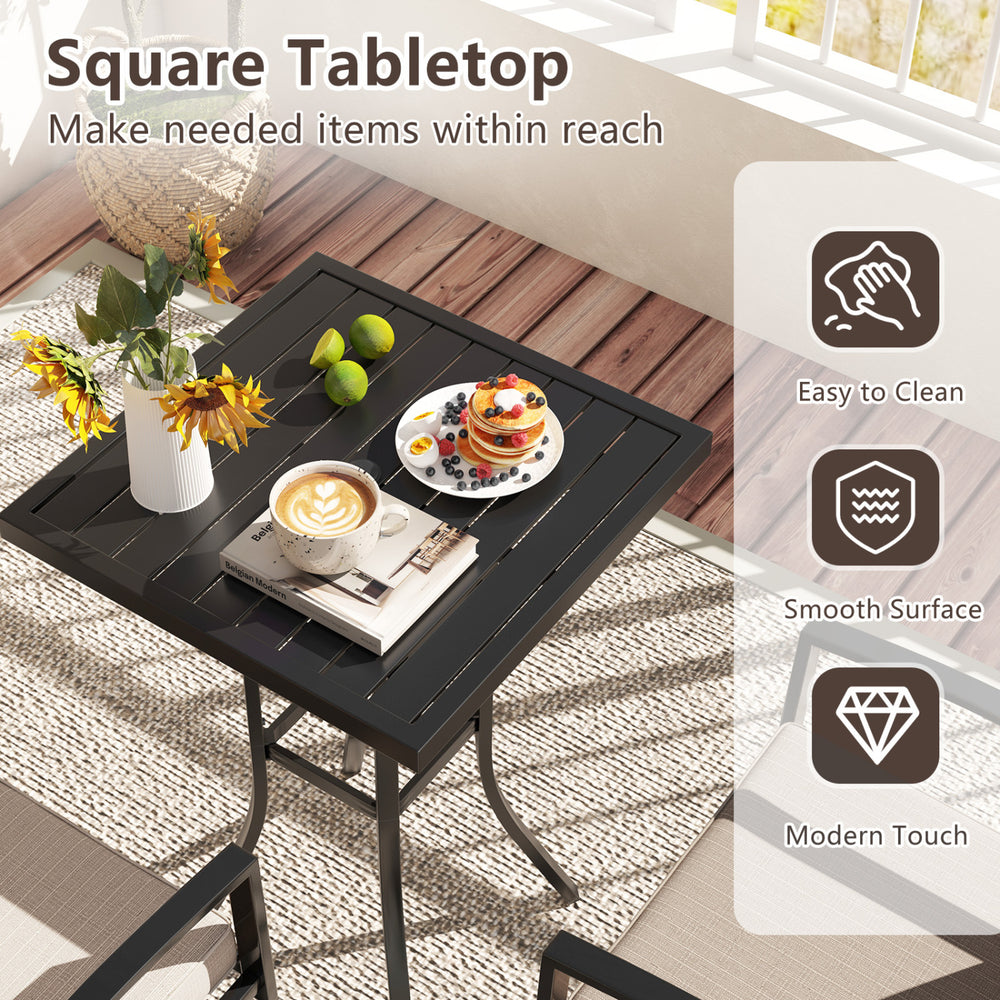 Square tabletop of the 3 pieces patio swivel bar set with easy-to-clean surface, perfect for outdoor dining and relaxation.