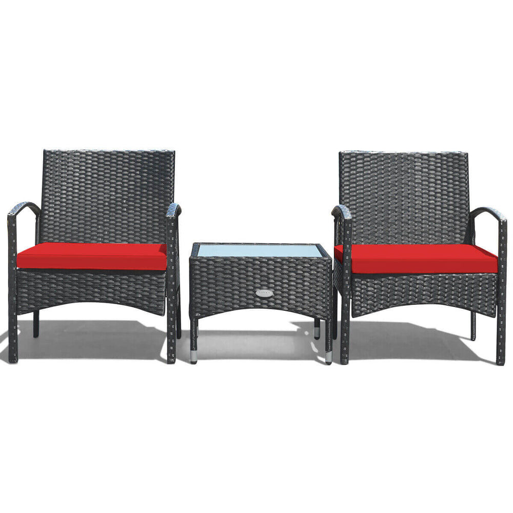 3 Pieces Patio Wicker Rattan Furniture Set with Cushion for Lawn Backyard-Red - Gallery View 1 of 11