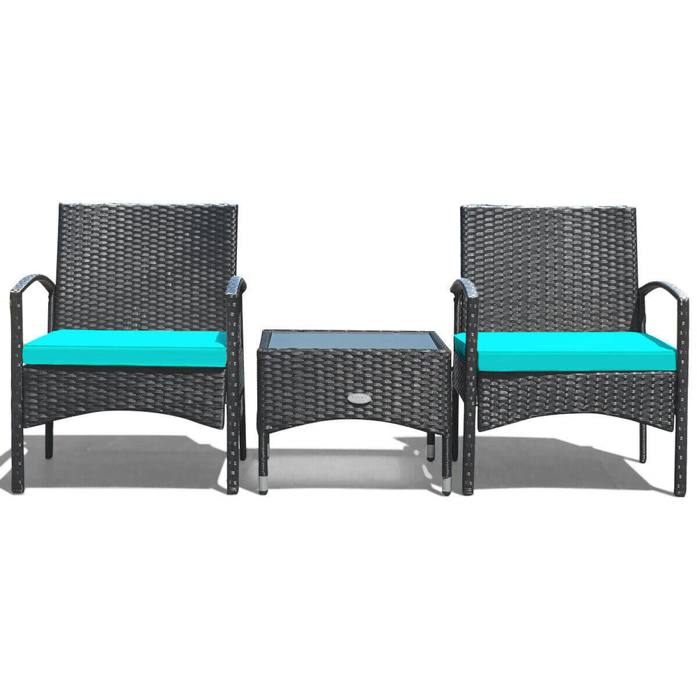 3 Pieces Patio Wicker Rattan Furniture Set with Cushion for Lawn Backyard-Turquoise - Gallery View 1 of 11
