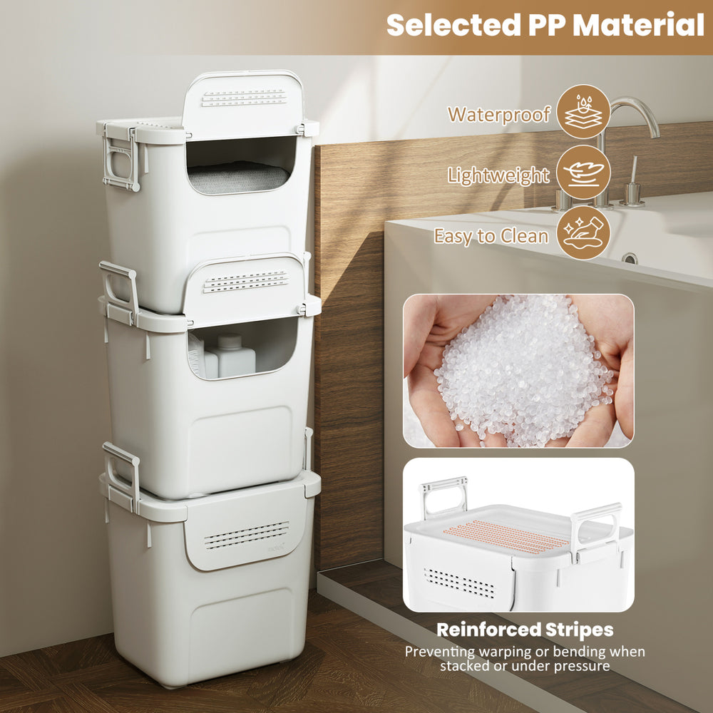 Stackable white plastic storage bins with front door and side handles, 32 QT capacity, ideal for home organization.