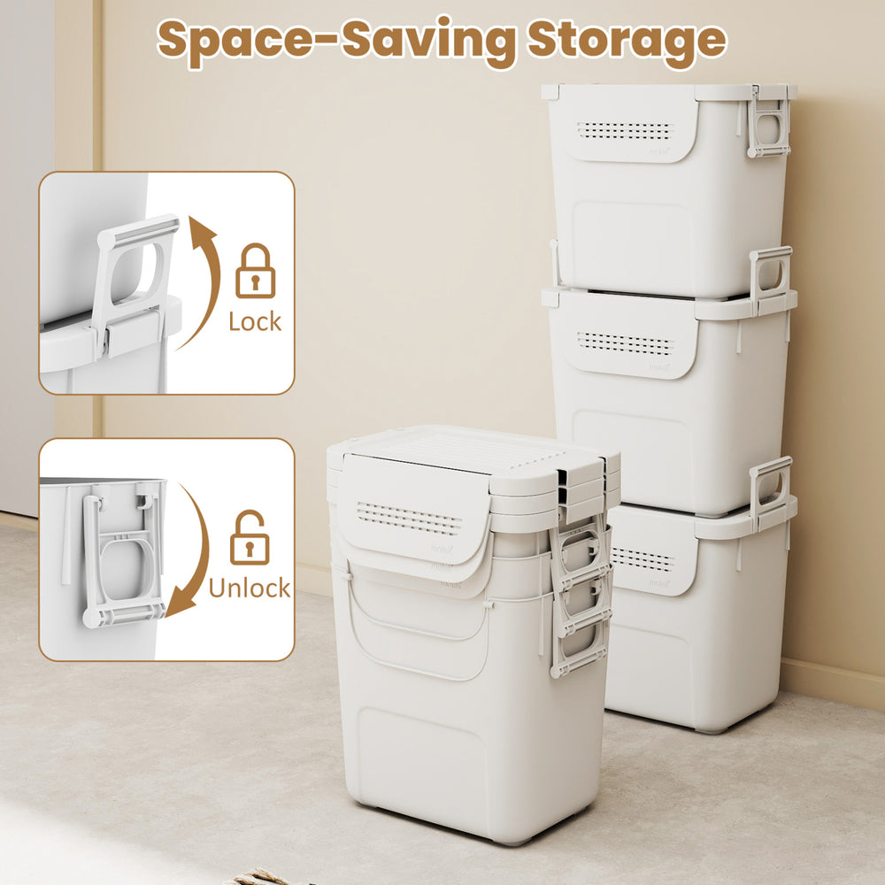 Single stackable white plastic storage bin with front flap door and locking side handles for efficient home.