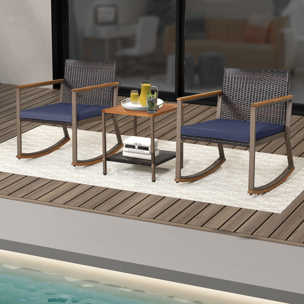 3 Pieces Rattan Rocking Bistro Set with Coffee Table and Cushions-Navy - Gallery View 1 of 10
