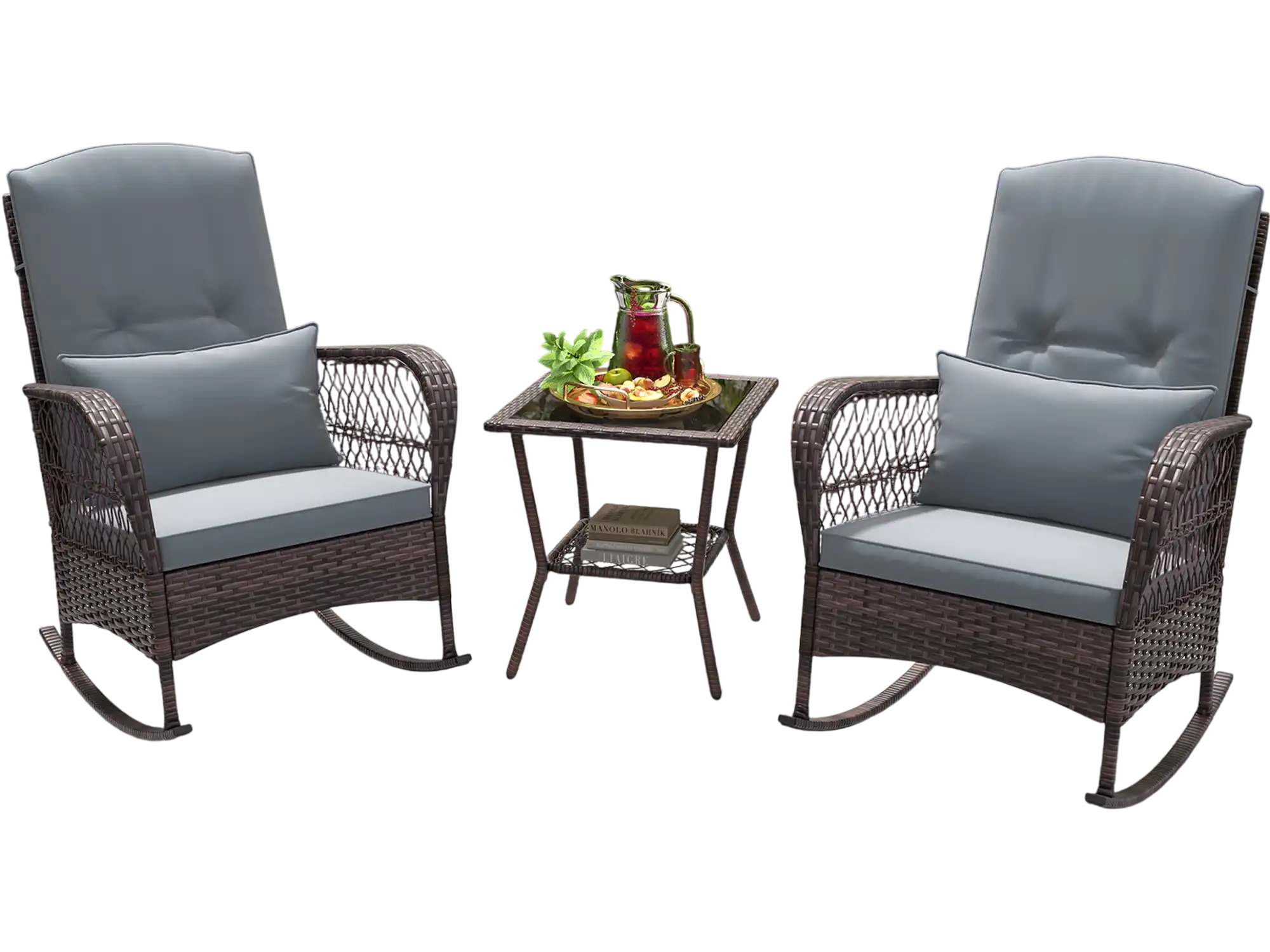 Costway 3-Piece Patio Rocking Bistro Set w/ 2-Tier Coffee Table Gray 29418763 New