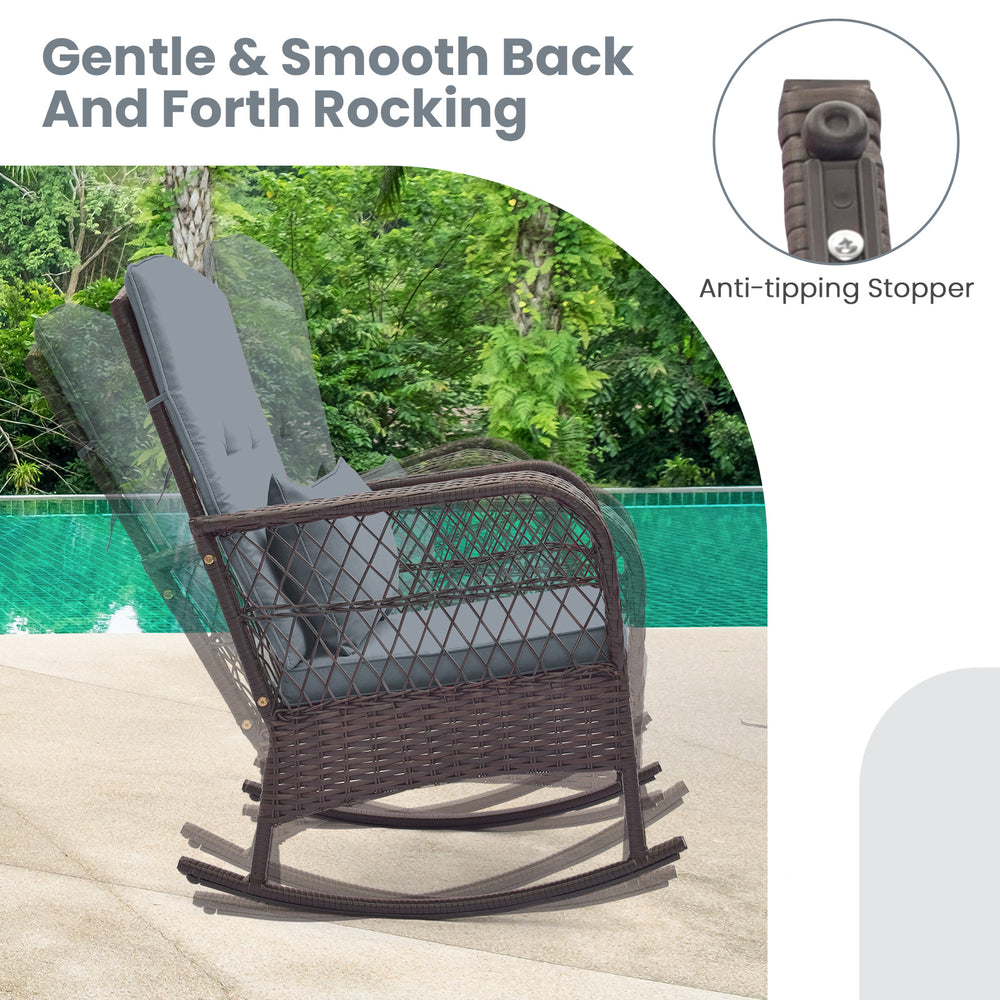 Rocking chair from the 3 Pieces Rocking Bistro Set with gray PE rattan, featuring soft cushions and anti-tipping.
