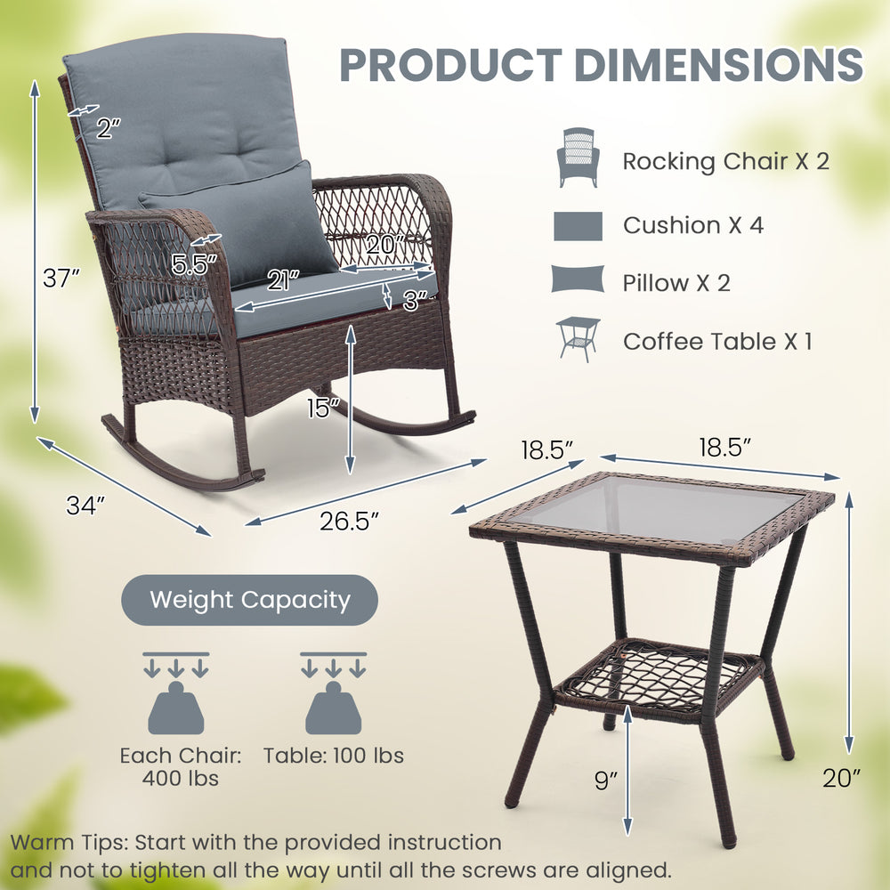 Gray rocking chair from the 3 Pieces Rocking Bistro Set with soft cushions, ideal for backyard or poolside relaxation.