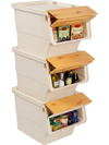 Stackable plastic storage bins with stay-open lids, 35 QT capacity, on wheels for easy organization in kitchens and.