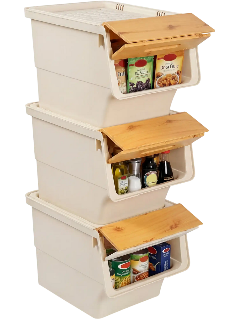 Stackable plastic storage bins with stay-open lids, 35 QT capacity, on wheels for easy organization in kitchens and.