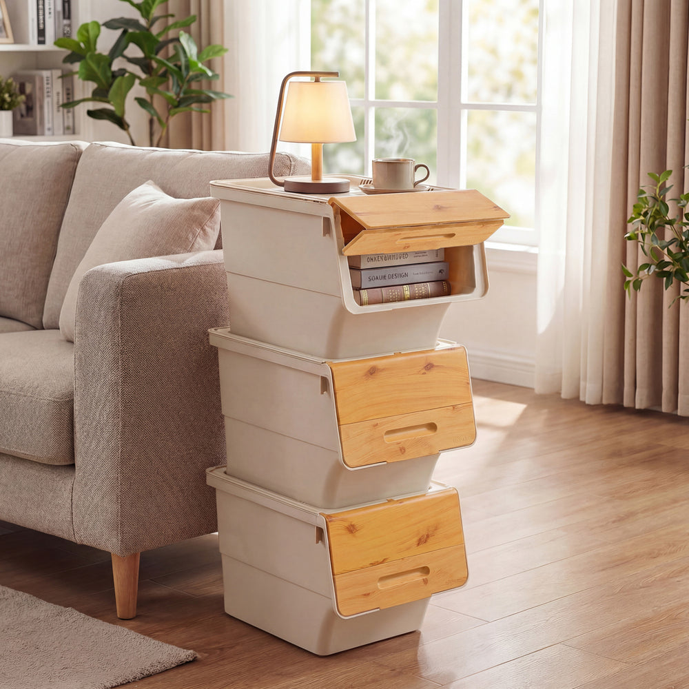 Stackable storage bins with stay-open lids, 35 QT capacity, made from waterproof PP, ideal for organizing spaces.