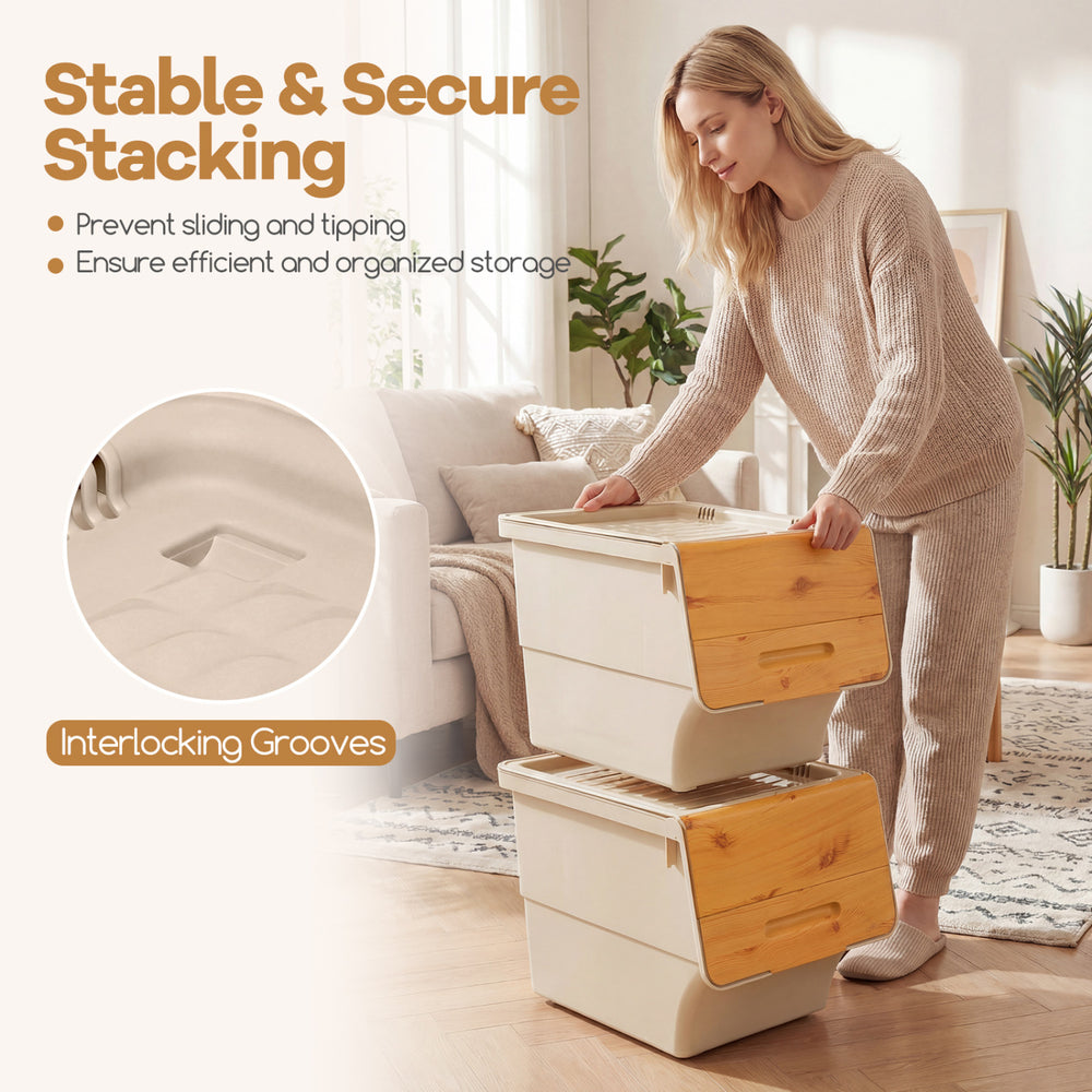 Stackable plastic storage bins with stay-open lids, 35 QT capacity, featuring interlocking grooves for secure stacking.