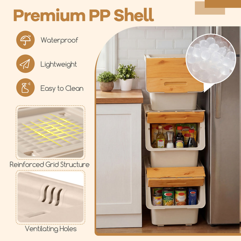 Stackable set of 3 orange storage bins with wheels, 35 QT capacity, waterproof PP, ideal for organizing kitchens and.
