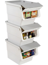 Stackable gray storage bins with stay-open lids, featuring wheels for easy mobility, ideal for organizing various.