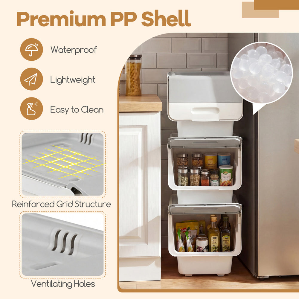 Stackable gray storage bins with wheels, 12.5 QT capacity, waterproof PP, ideal for organizing kitchens and closets.