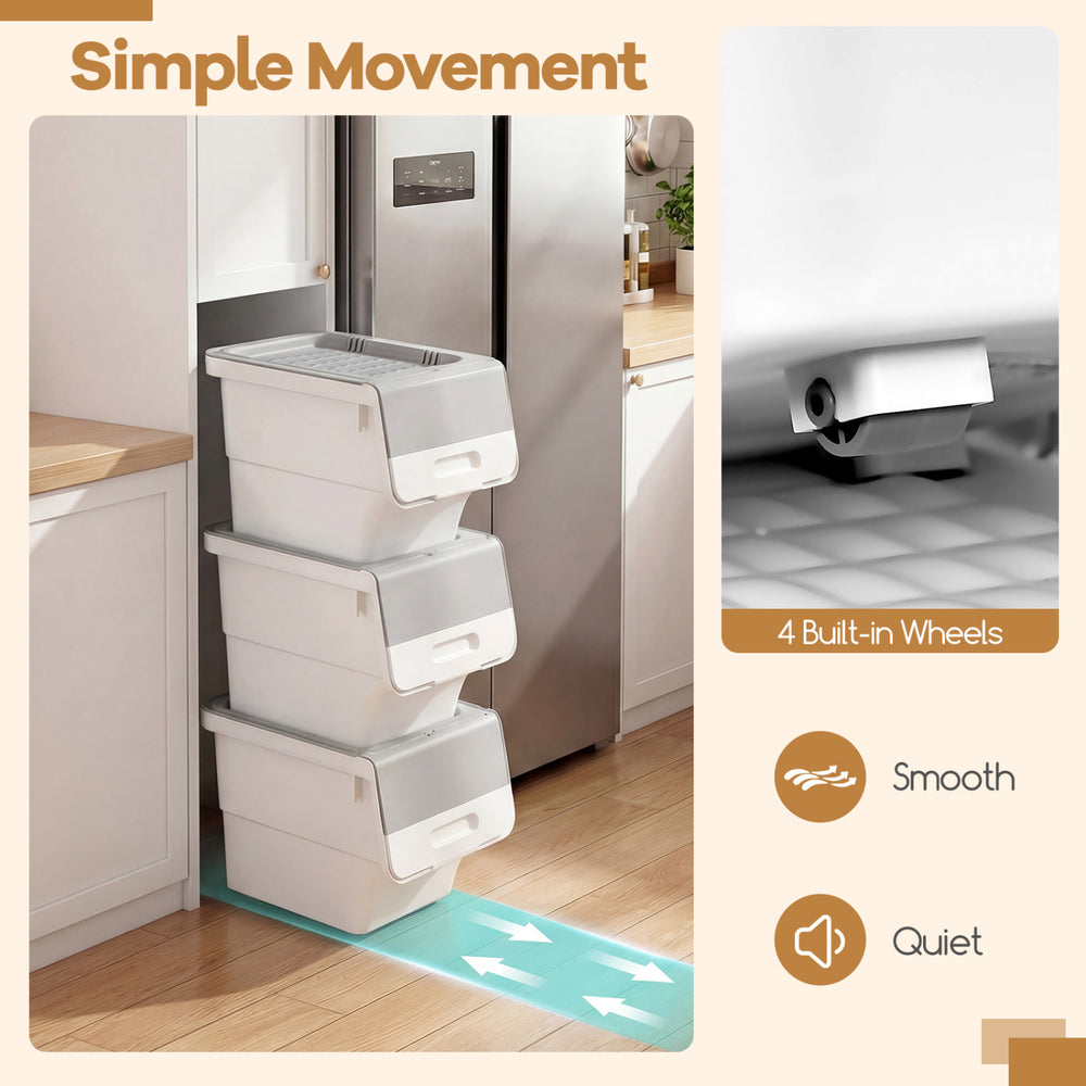 Stackable gray storage bins with wheels, featuring stay-open lids and easy access design, perfect for organizing spaces.