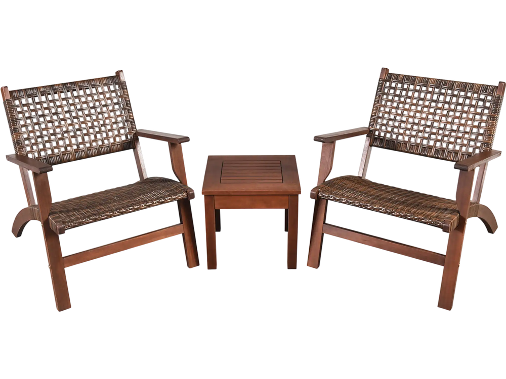 3 Pieces Outdoor Wooden Patio Rattan Furniture Set