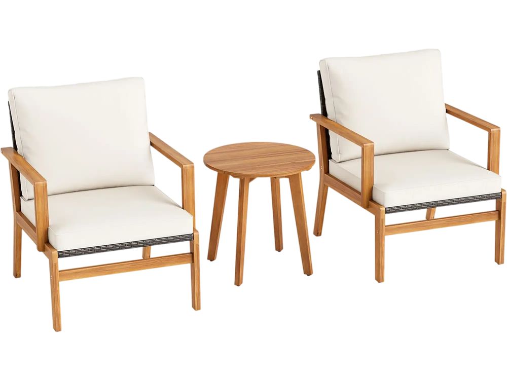 Stylish acacia wood side table complements two chairs with off-white cushions, ideal for outdoor gatherings on the patio.