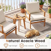 Acacia wood chair set with soft cushions and a side table, perfect for patio relaxation and outdoor enjoyment.