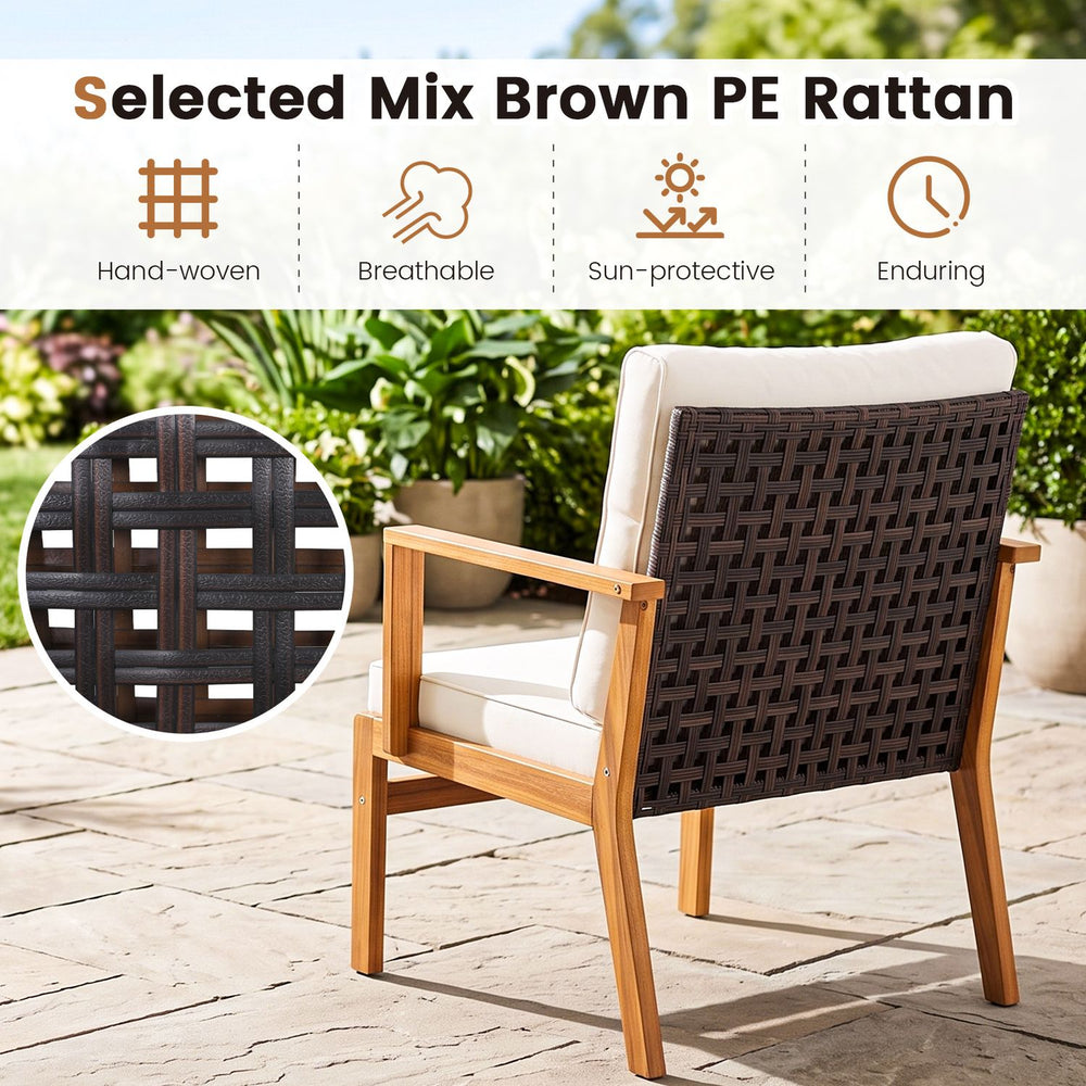 Wicker sofa set with acacia wood table features breathable mix brown PE rattan and soft cushions for outdoor comfort.