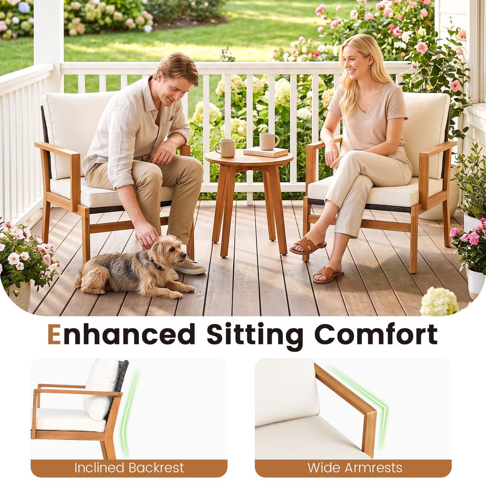 3-piece wicker sofa set with acacia wood table, featuring soft cushions and wide armrests for enhanced outdoor comfort.