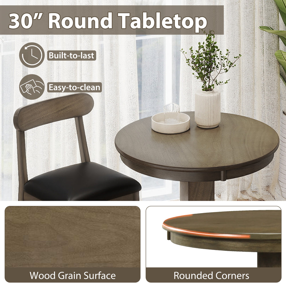 30" round tabletop with wood grain surface and rounded corners, part of a 3-piece wood bar table set for intimate meals.
