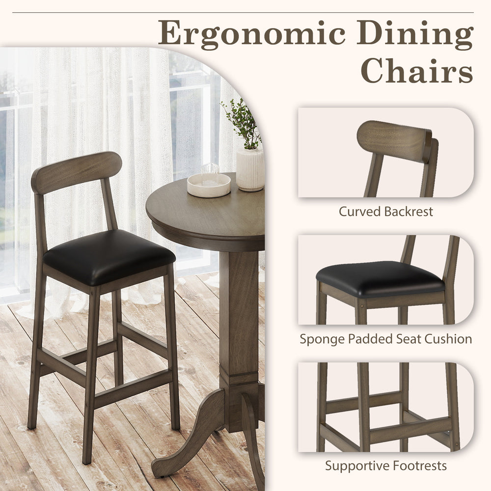 Curved back armless stool with sponge padded seat, part of a 3-piece wood bar table set for intimate meals.