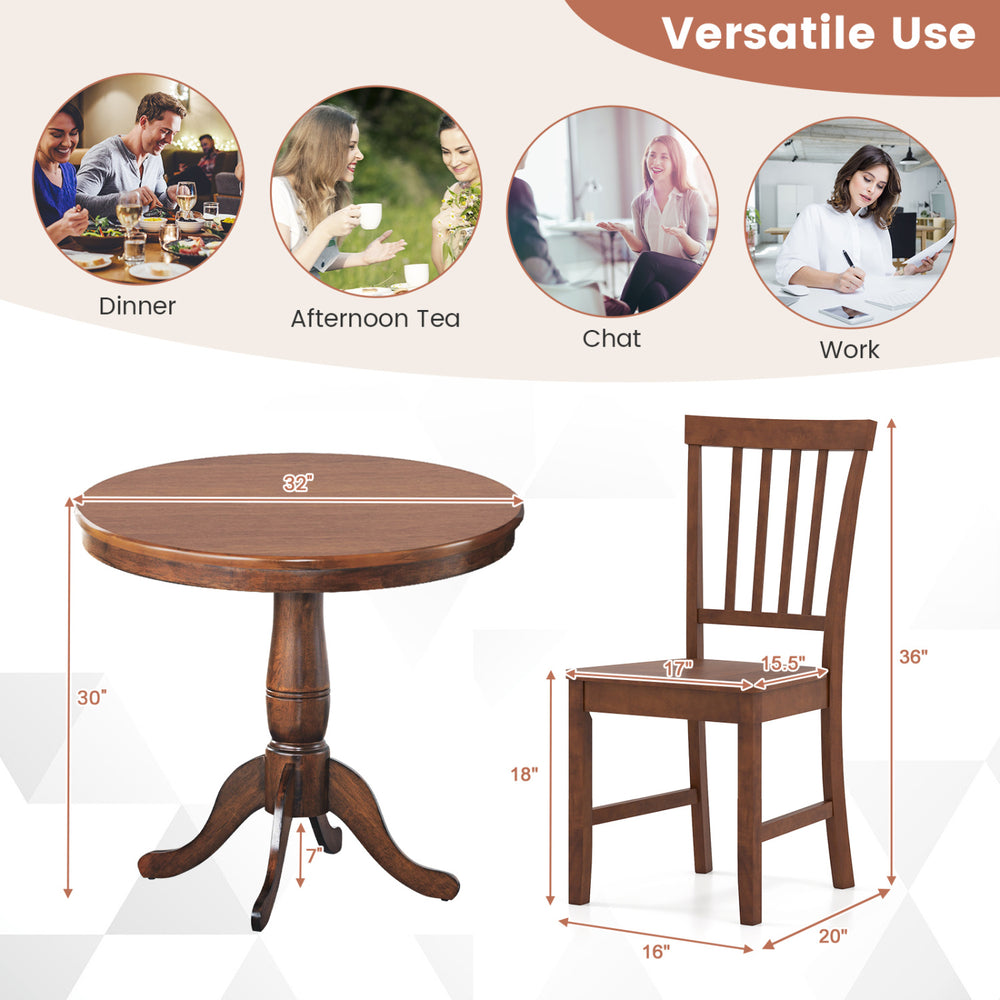 Round wooden dining table with solid rubber wood legs and ergonomic chair, ideal for cafes and kitchens.