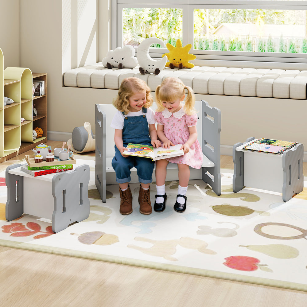 Toddler activity table set in gray with two stools, perfect for study or play in playrooms or bedrooms.