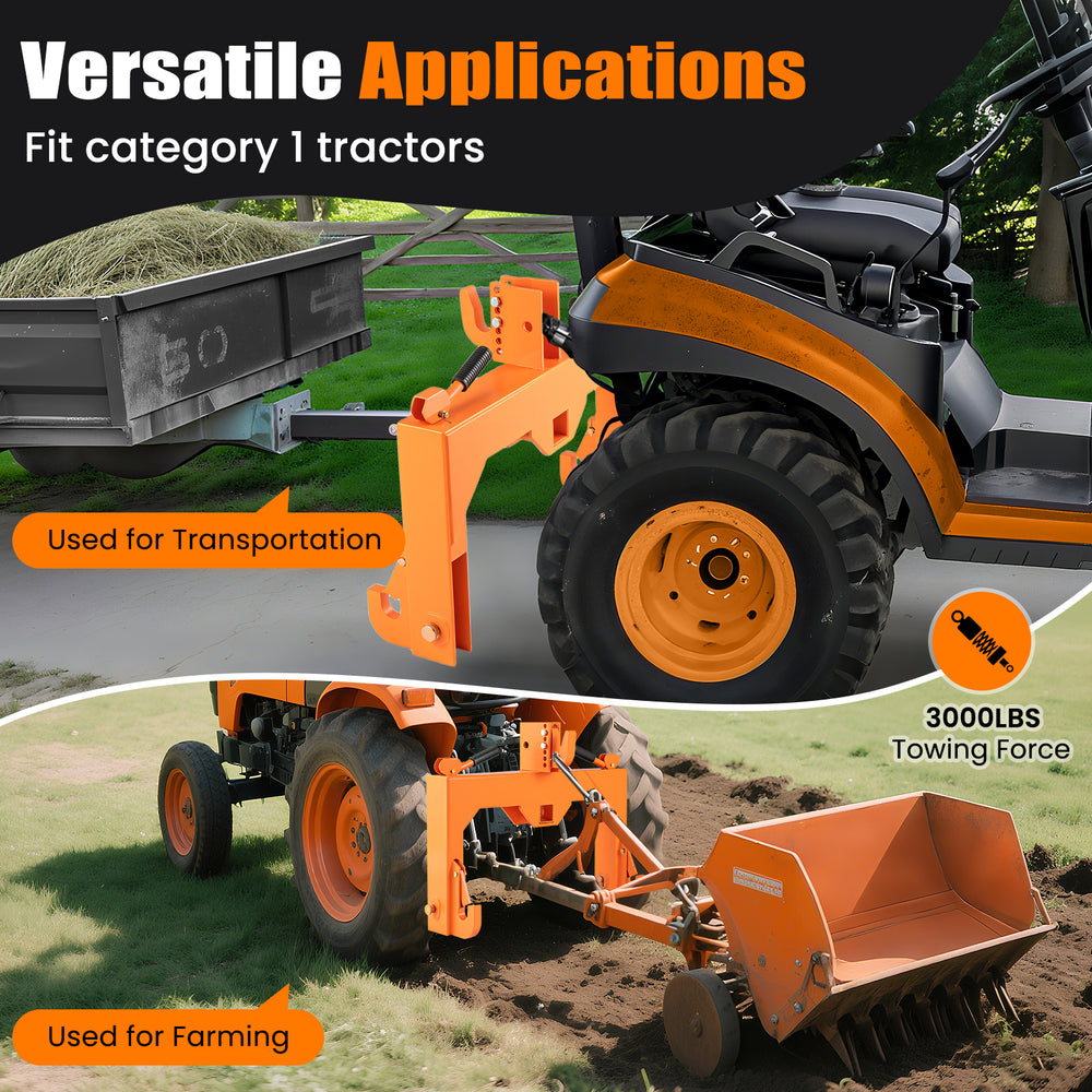 3-Point Quick Hitch in orange with adjustable top hook, designed for Category 1 tractors, ideal for farming.