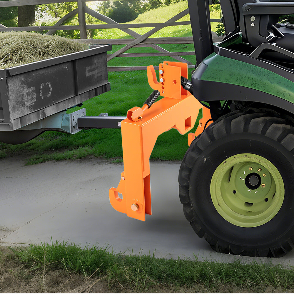 3-Point Quick Hitch in orange with adjustable top hook, designed for Category 1 tractors, ensuring secure load handling.