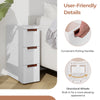 Three-drawer rolling organizer unit in white with convenient handles and built-in wheels, ideal for small spaces.