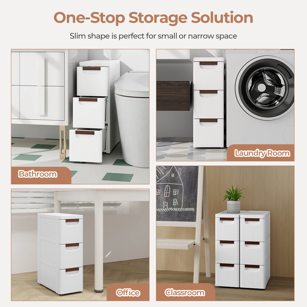 3-drawer rolling organizer unit in white with fluted surface, perfect for narrow spaces in bathrooms or offices.