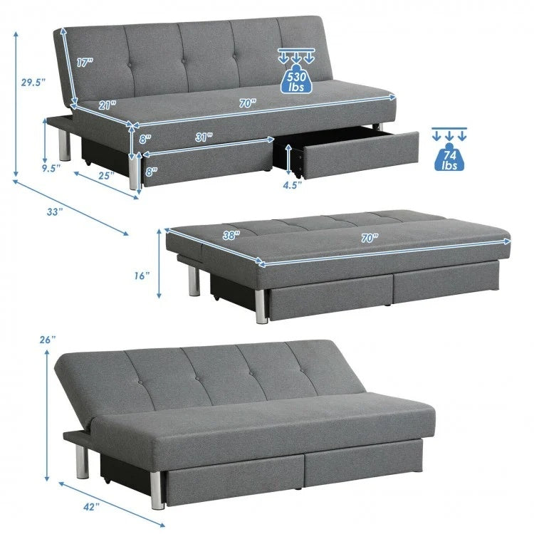 3-seat convertible sofa bed in gray with 2 large drawers and adjustable backrest angles for versatile use in small.
