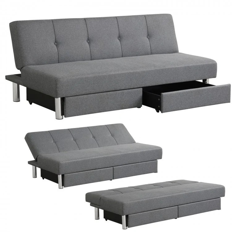 3-seat convertible sofa bed in gray with 2 large drawers and adjustable backrest angles for versatile comfort and.