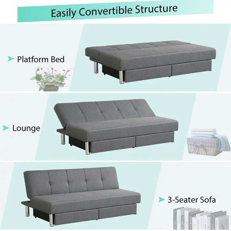 3-seat convertible sofa bed in gray with adjustable angles and large drawers for small apartment storage and comfort.