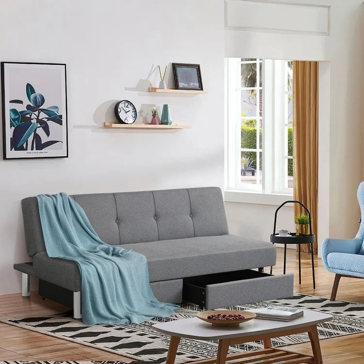 3-seat convertible sofa bed in gray with 2 large drawers and adjustable backrest for versatile comfort in small spaces.