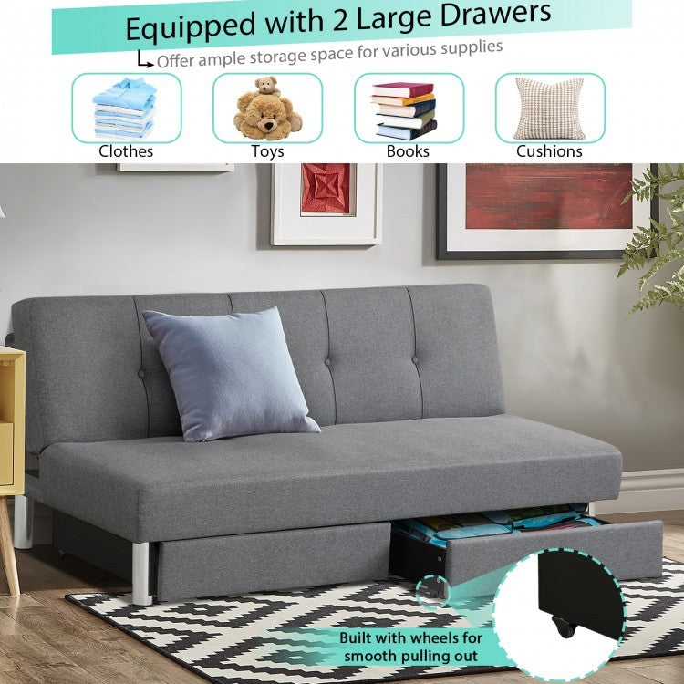 3-seat convertible sofa bed in gray with 2 large drawers for storage, featuring adjustable backrest angles for comfort.