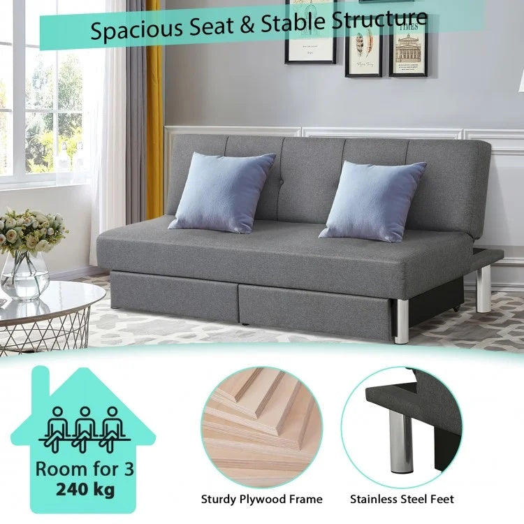 3-seat convertible sofa bed in gray with adjustable angles and large drawers for storage, ideal for small apartments.