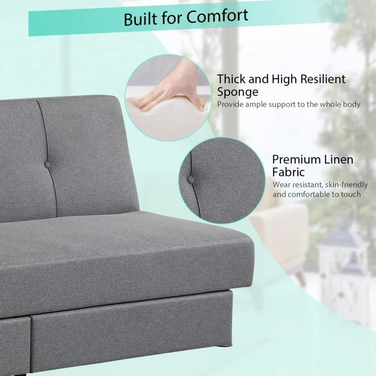 3-seat convertible sofa bed in gray with adjustable backrest, breathable linen fabric, and large storage drawers for.