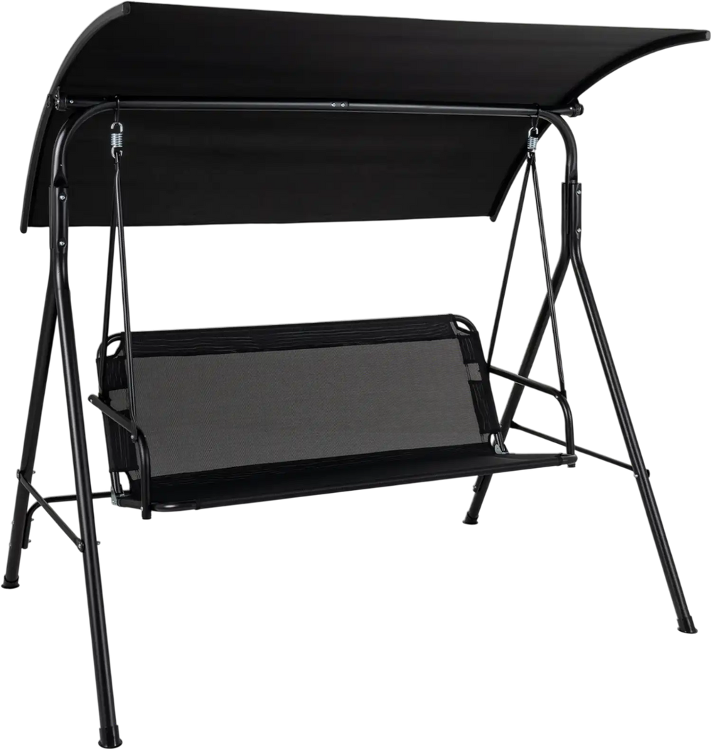 Wide seating area of the 3-seat patio swing chair with ergonomic backrest and breathable mesh fabric for outdoor.