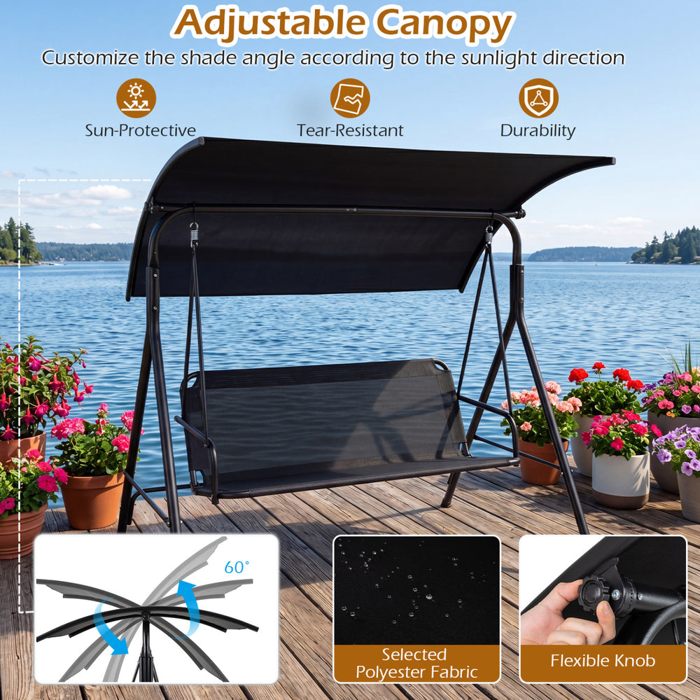 Detail of the adjustable canopy on the 3-seat patio swing chair, featuring sun-protective polyester fabric for outdoor.