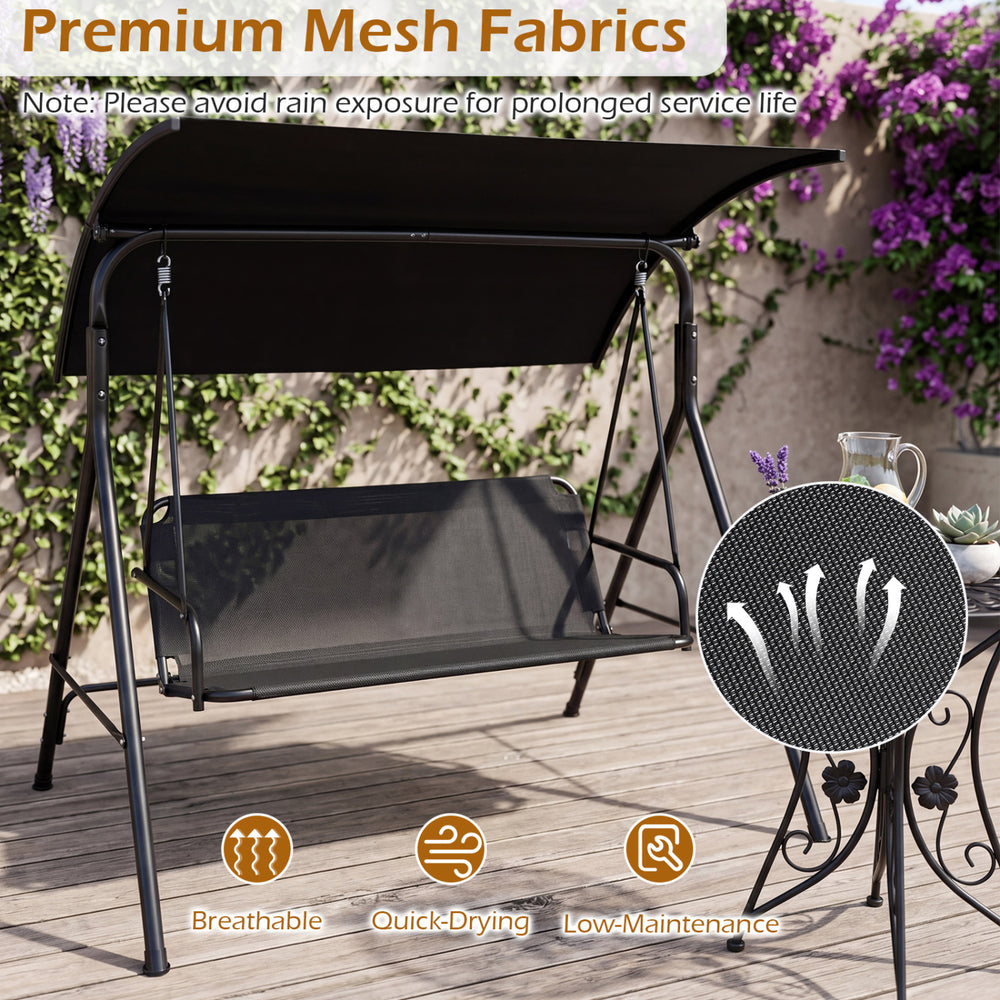 3-seat patio swing chair with adjustable canopy, breathable mesh fabric, and heavy-duty metal frame for outdoor.